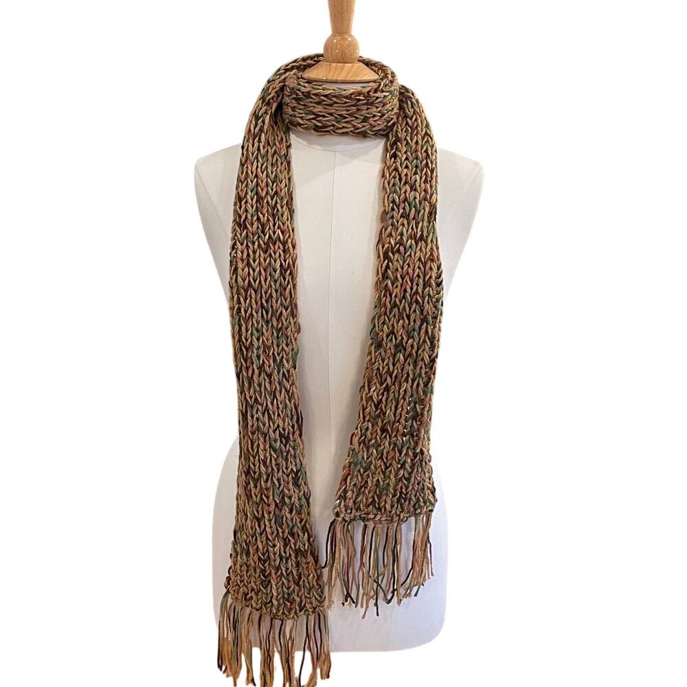Hand Knit Warm Tones / Earth Tones Multicolor Skinny Scarf with Fringe, Indie